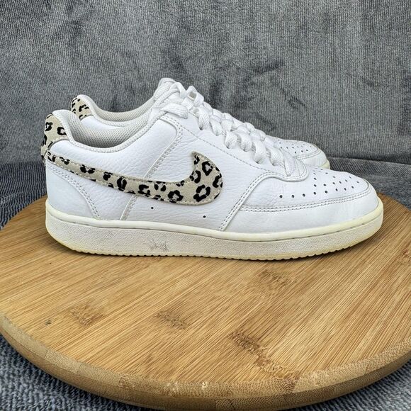 Nike Court Vision Low Shoes Womens Size 7 White Leopard Print Swoosh DD9665-100 - Picture 1 of 10